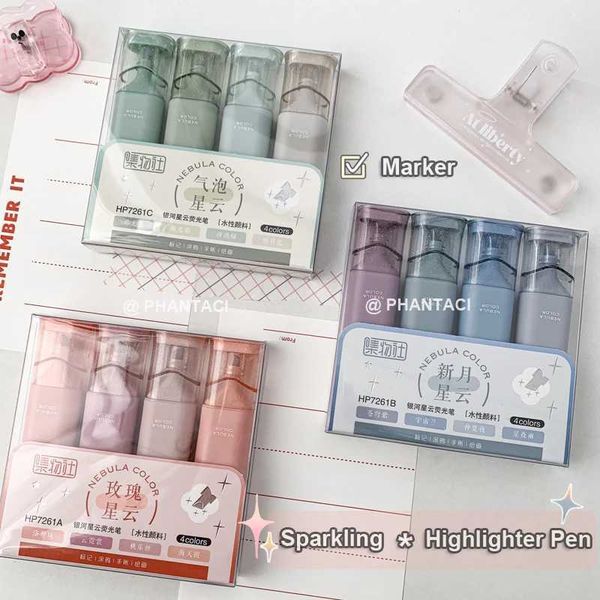 wholesale Highlighters 4 pieces-set of shiny colored highlighters Oblique heads marker pens cute multi-color graffiti brushes art supplies Y