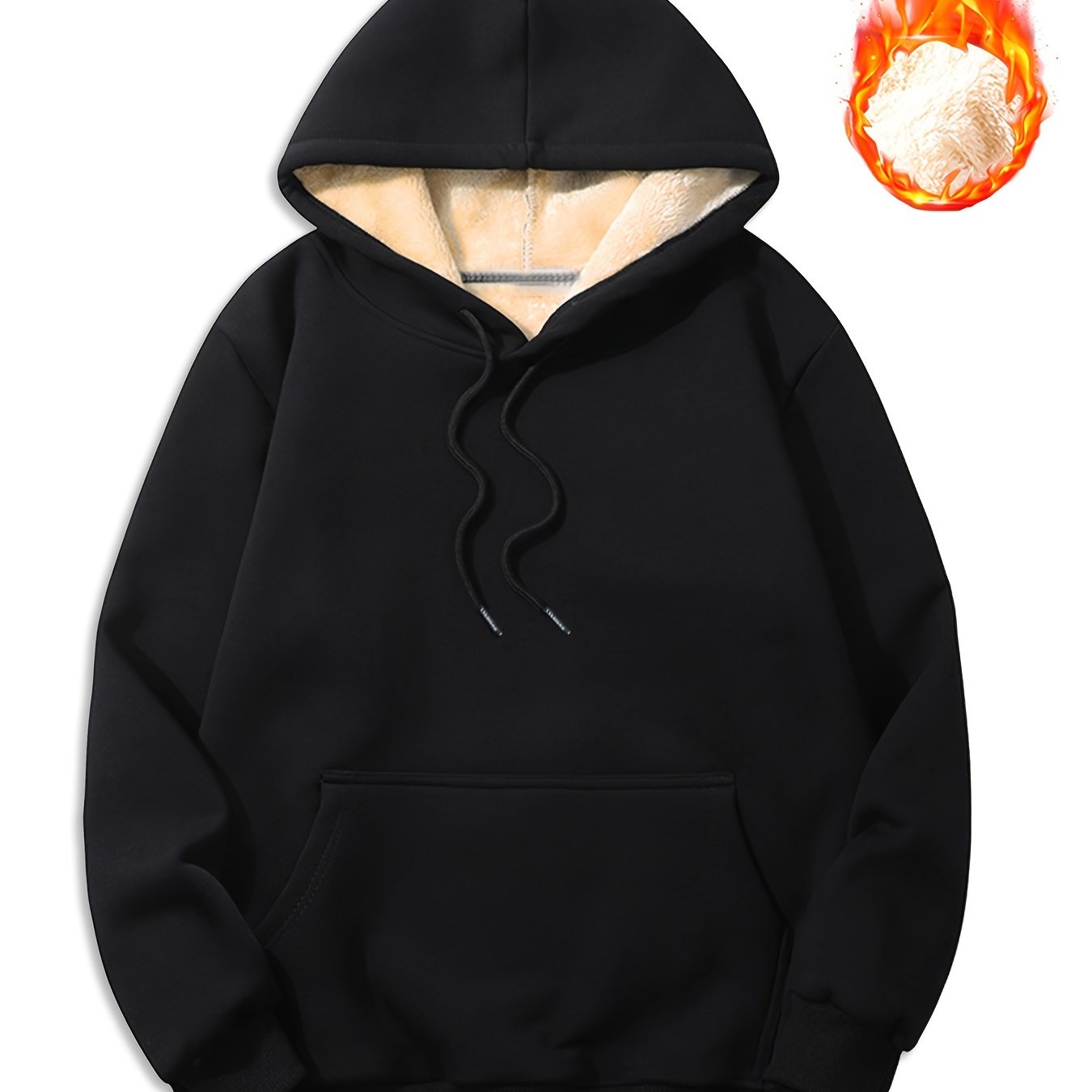TEMU Men's Hooded Sweatshirt With Fleece Lining For Winter, Thick And Warm Black Hoodie With Pockets, Suitable For Autumn And Winter Outerwear.