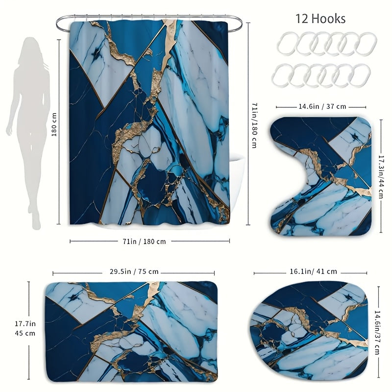 TEMU 1-4pcs Marble Patterned Bathroom Set, Barrier Multifunctional Shower Curtain With 12 Hooks, Non Slip Bathroom Floor Mat, Toilet U-shaped Mat,