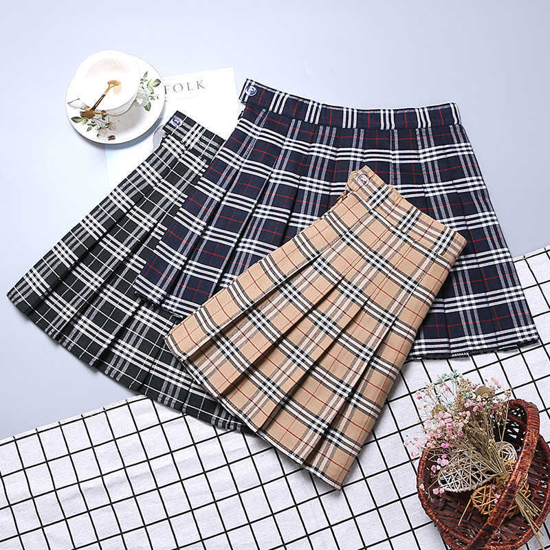 Skirts Contrast Color Plaid Striped Skirt Korean Version of Pleated Skirt Autumn High Waist A Line Plaid Mini Skirt Student Style Sweet W0308
