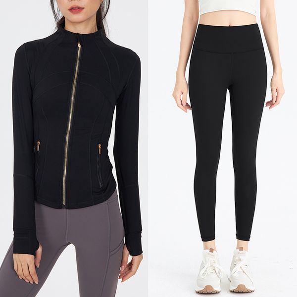 2PCs Yoga Set Sports Jackets Top com zíper dourado rápido seco de cintura alta Leggings Sportswear Mulheres que executam fitness wear ginást