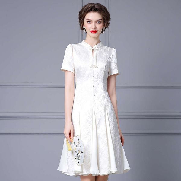 Gentle Elegant New Chinese Style Dress with Stand Up Collar and Buckle Heavy-duty Jacquard Modified Cheongsam A-line Skirt for Summer Denim