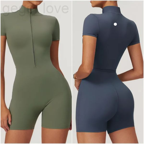 LM8294 Womens Yoga Outfit Jumpsuit Short Sleeve Tight Dance Bodysuit Short Pants Breathable Leggings Pant Zipper Tracksuit