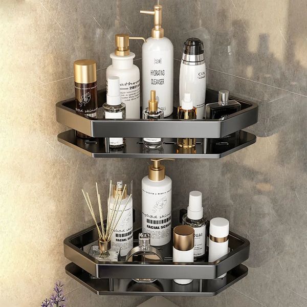 Bathroom Shelves Bathroom Shelf Shelves Punch-free Corner Rack Wall Mounted Shampoo Storage Aluminum Holder Kitchen Bathroom Organizer Acces