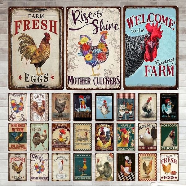 Fresh Eggs Vintage Painting Chicken Picture Plates Rooster Hens Metal Tin Signs Retro Plaque for Bar Pub Farm Home Wall Decor personalized T
