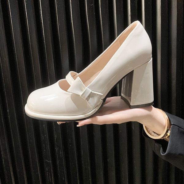 2024 Spring New Butterfly Button Strap Single Sweet French Pink Thick High Heels Mary Jane Shoes Women
