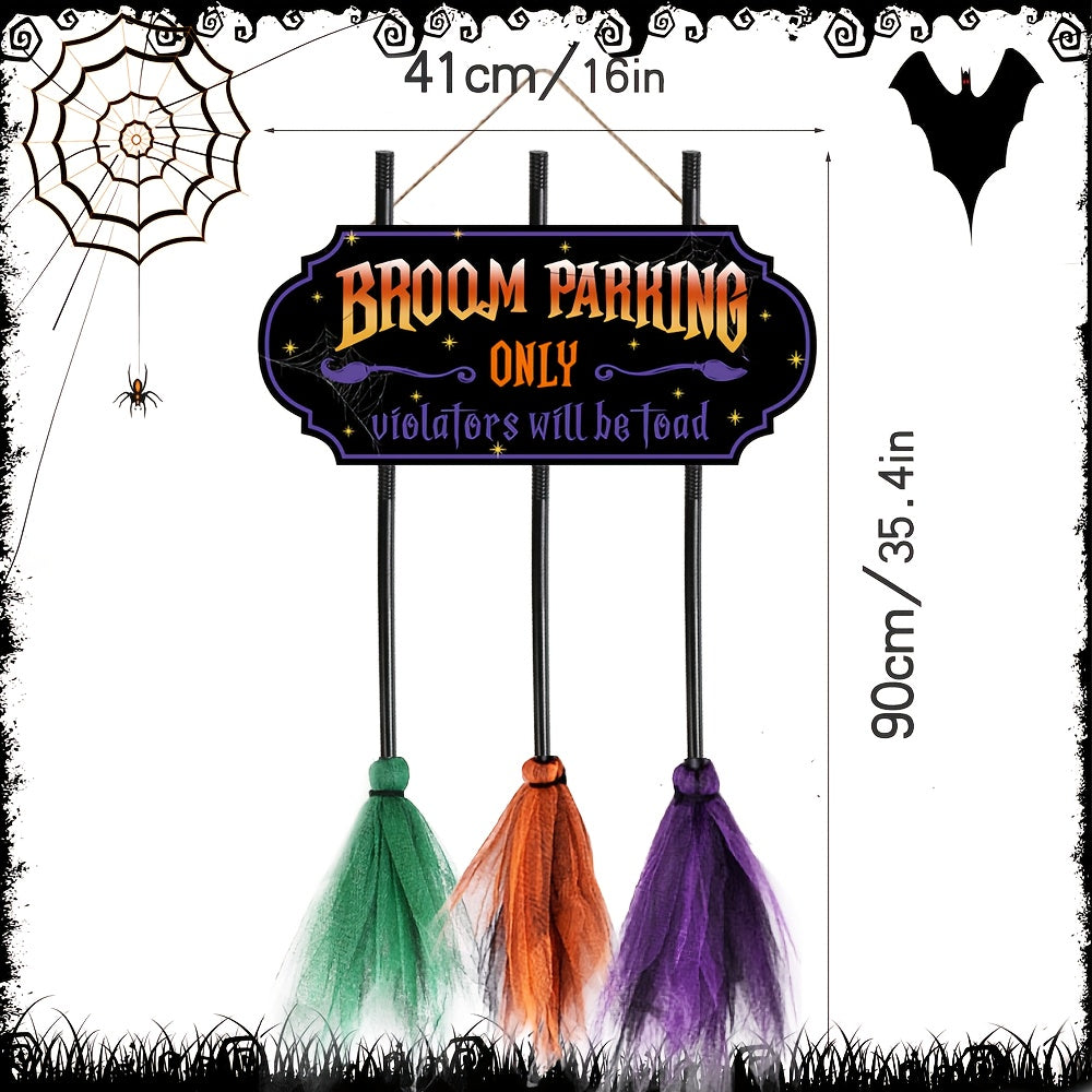 TEMU Halloween Broom Parking Sign With 3 Wooden Brooms - Spooky Wall Decor For Front Porch, - No Electricity Needed, Featherless, Artificial Wood,
