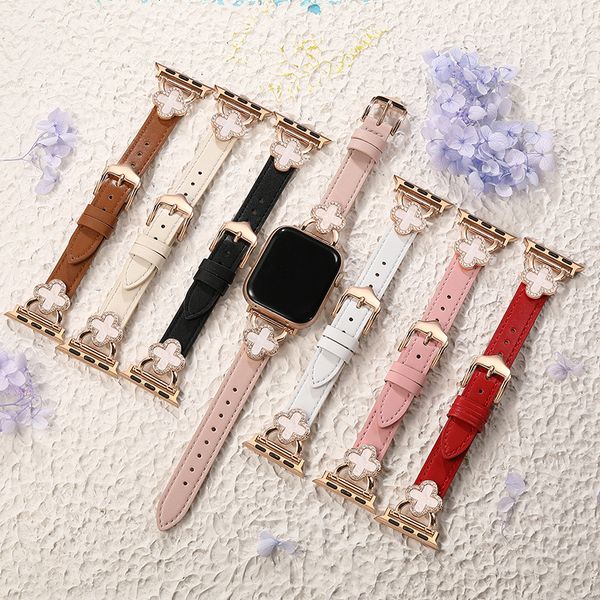 PU Leather Stylish Clover Designer Smart Straps for Apple Watch Ultra 38mm 40mm 41mm 44mm 45mm iWatch Band Series 8 9 7 6 5 4 SE Smartwatch