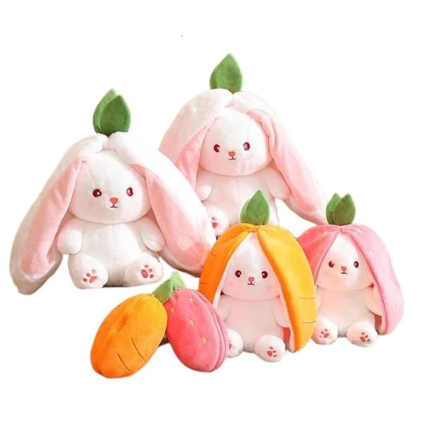Plush Dolls 18cm Cosplay Strawberry Carrot Rabbit Toy Stuffed Creative Bag into Fruit Transform Baby Cuddly Bunny Plushie Doll For Kid 23072