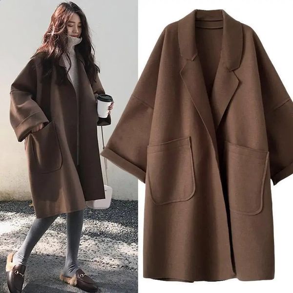 Elegant Woolen Trench Coat Winter for Women Vintage Windbreakers Jacket MidLength Loose TurnDown Collar Plus Size 4XL Cardigan 240921