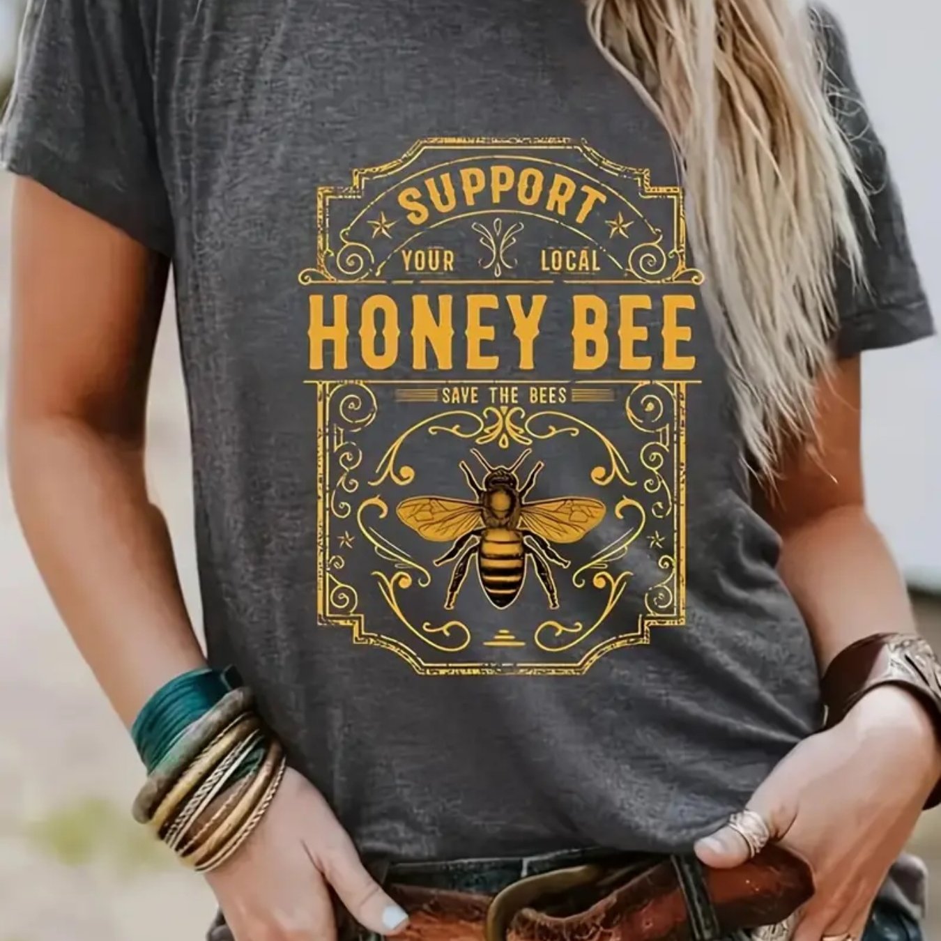 TEMU Women' Bee Graphic T-shirt - Support , Black Casual Short Sleeve Round Neck Tee, Fit For Spring Summer Outdoor Travel & Casual Attire, Bee T