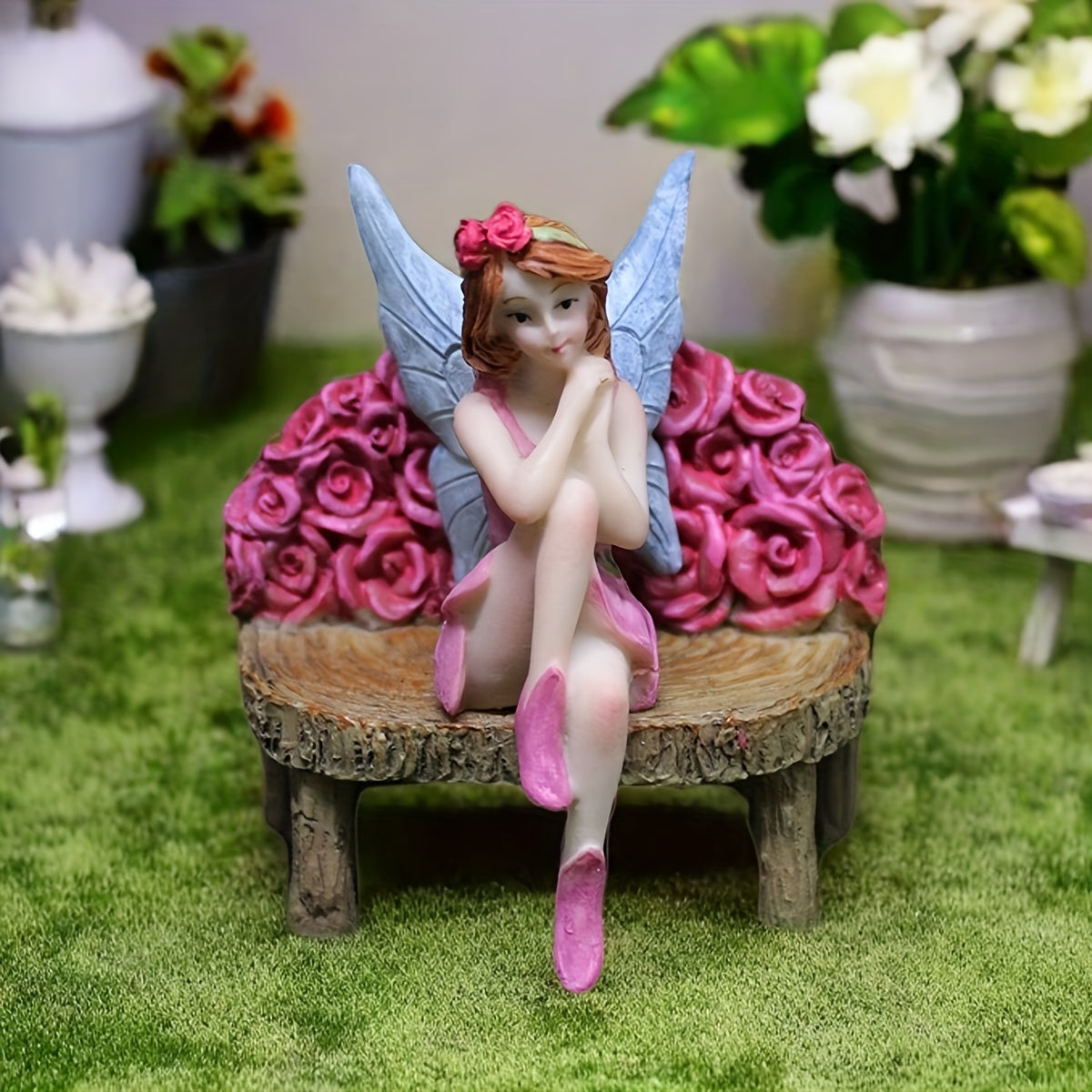 TEMU 2pcs Garden Fairy Figurines, Resin Miniature Statues With Chair, Indoor & Outdoor Decorative Ornaments For Room Types, No Electricity Needed,