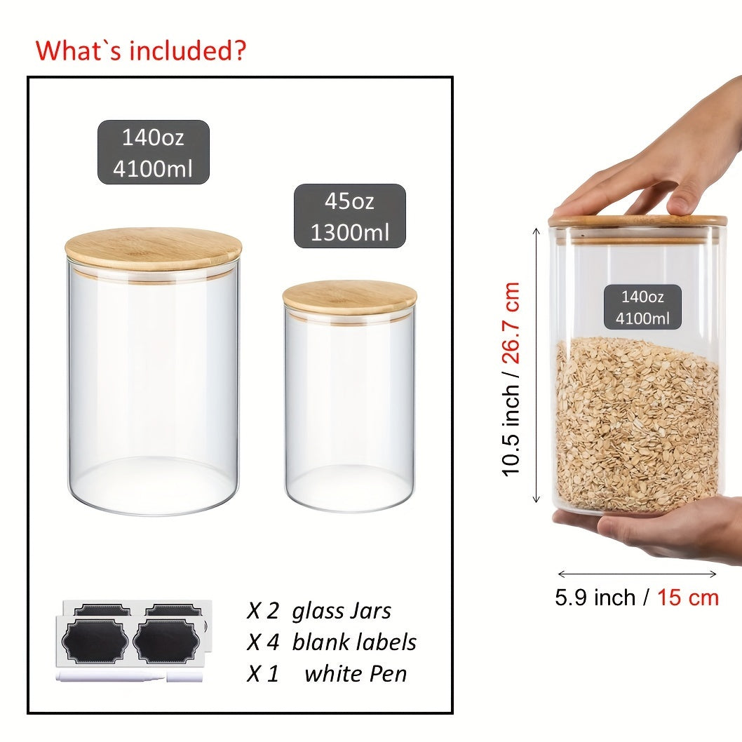 TEMU Large Glass Flour And Sugar Containers With Bamboo - Airtight Pantry Storage Containers For Cereal, Coffee, And More - Set Of 2 Sizes