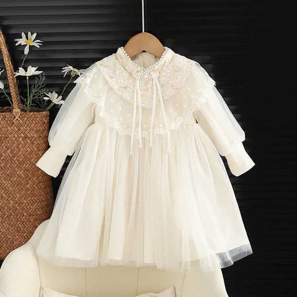 2025 Spring Autumn 1-8Y Girls Dress Patchwork Lace Pearl Collar Kid Girl Frock Breathable Mesh Toddler Baby Girls Princess Dress Y250206