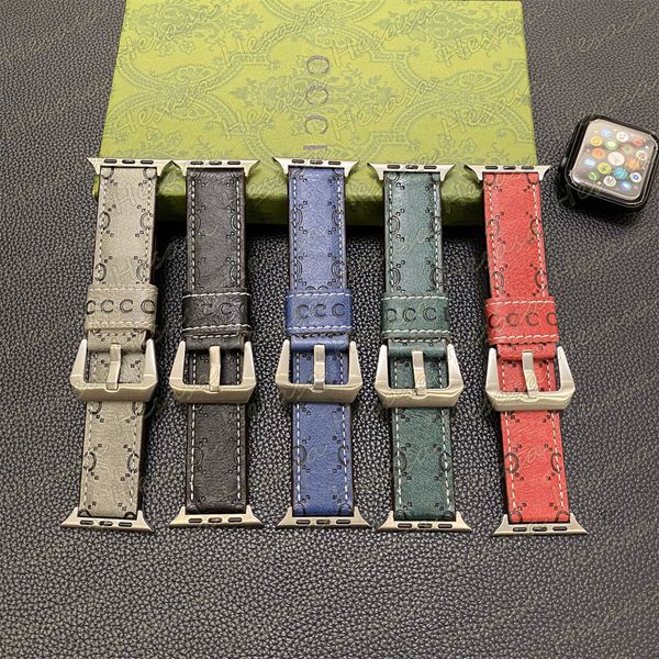 Luxury Embossed Letter Wrist Band for Apple iWatch 9 Ultra 8 7 6 5 4 3 2 1 Se Leather Replacement Bracelet Watchband Watches Belt 38mm 40mm