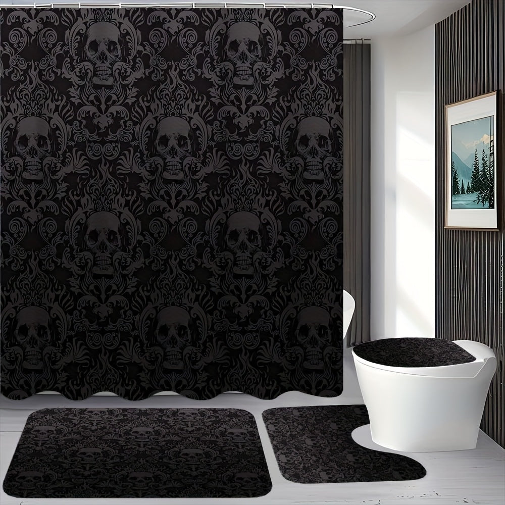 TEMU 1-4pcs Halloween Pattern Shower Curtain Set, With 12 Hook Waterproof Barrier Shower Curtains, Non Slip Floor Mats, Toilet U-shaped Mats, Toilet