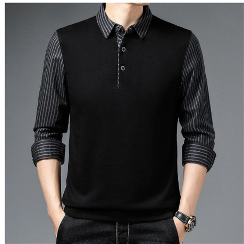 New Fashion Men Striped Polo Shirts for Men Solid Color Casual Designer Long Sleeve Tops Button Collar Men&#039;s Clothing 2023