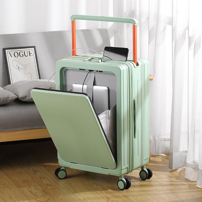 Travel Suitcase With Front Access Compartment Designed for Easy Retrieval of Electronics Featuring a Convenient Charging Setup