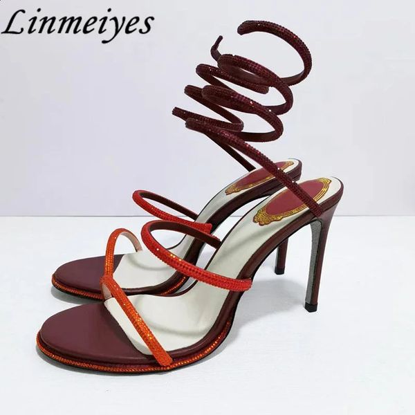 Summer Rhinestone High Heels Gladiator Sandals Women Ankle Snake Twine Around Wedding Shoes Stiletto Woman 241226