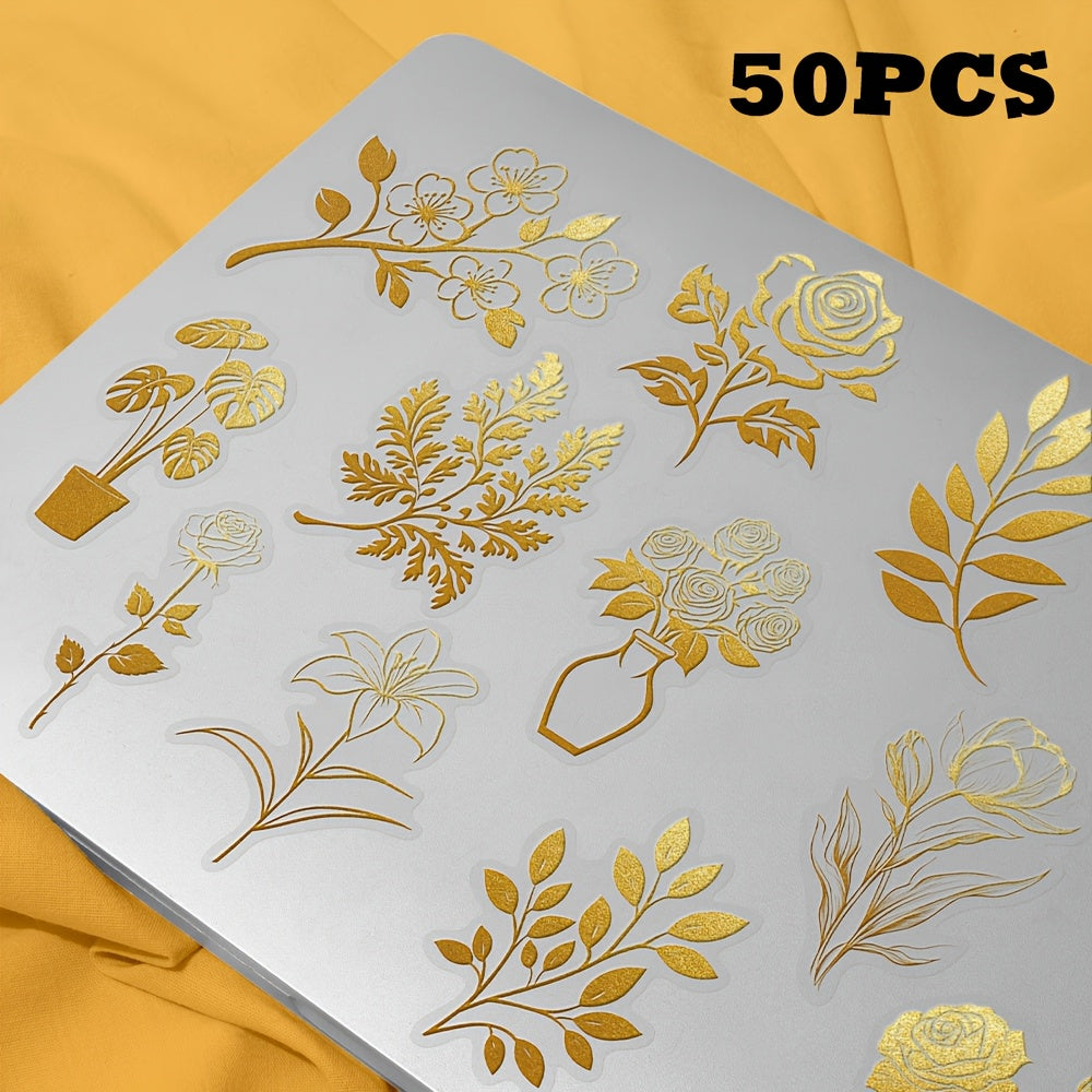 TEMU 50pcs Ywwbld Golden Floral Stickers - Elegant For Diy Scrapbooking, Journaling, Phone Cases, Laptops & Guitar Decorations, Stickers, Laptop