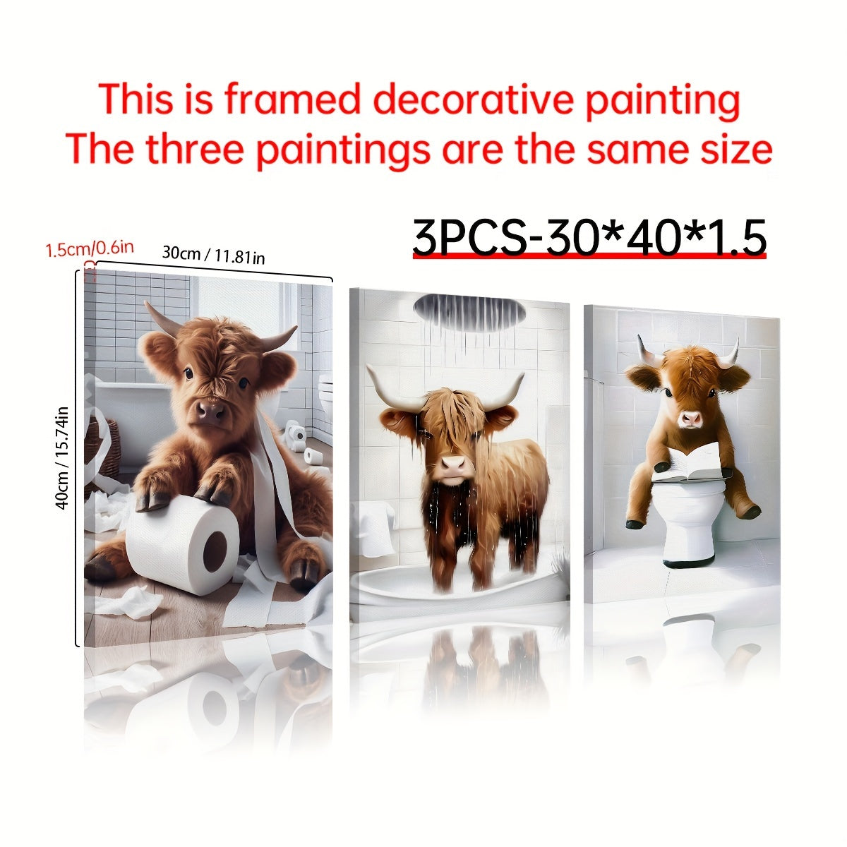 TEMU 3pcs Wood With Frame Scottish Highland Cow Canvas Painting, Farm Animal Humor, Whimsical Highland Gift, Wall Canvas Art, Wall Decor, Wall