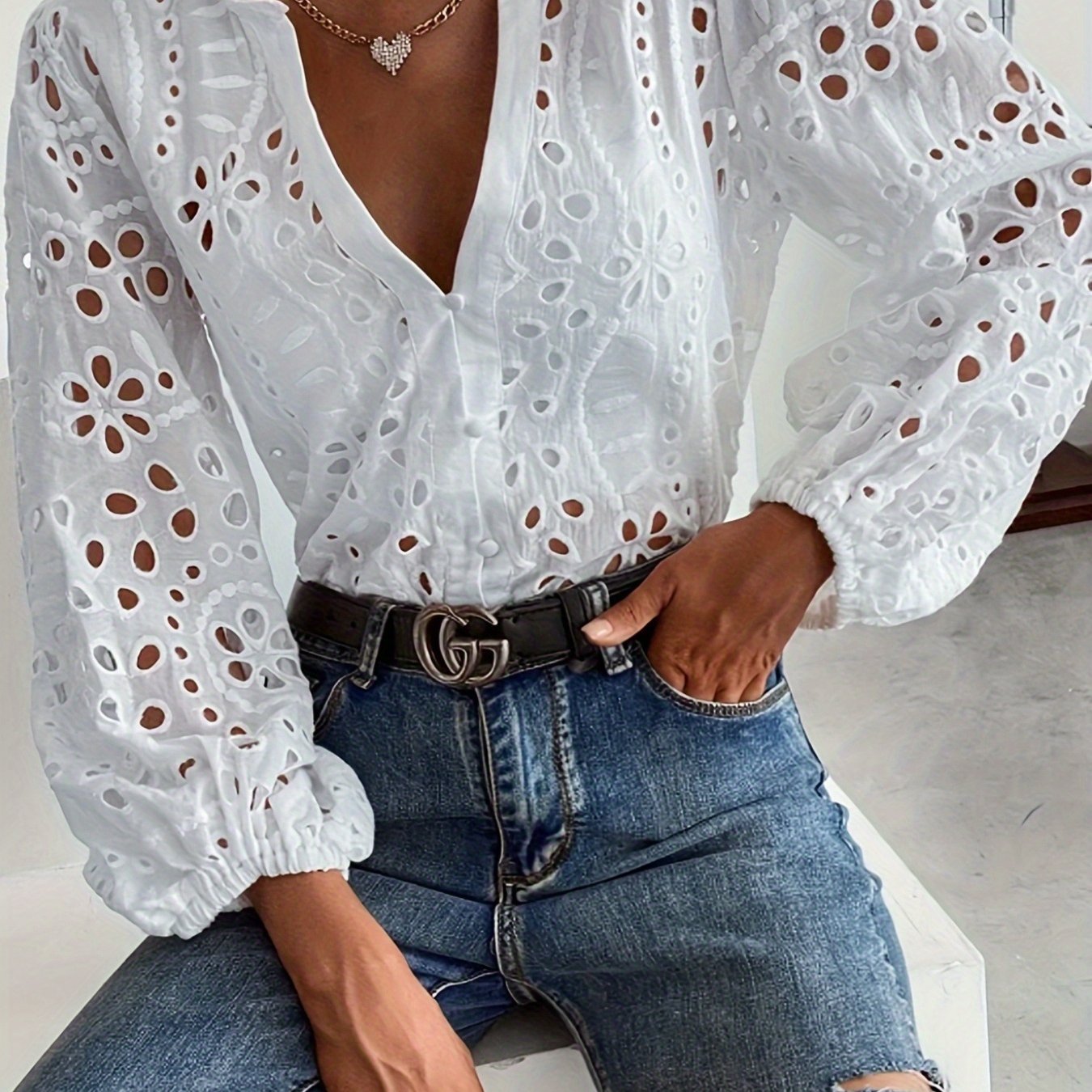 TEMU Women's Elegant Lace- V-neck Cardigan Sweater - Semi-sheer Bell Sleeve Blouse With Silhouette, Loose-fit Collar & Single-breasted Button Front -