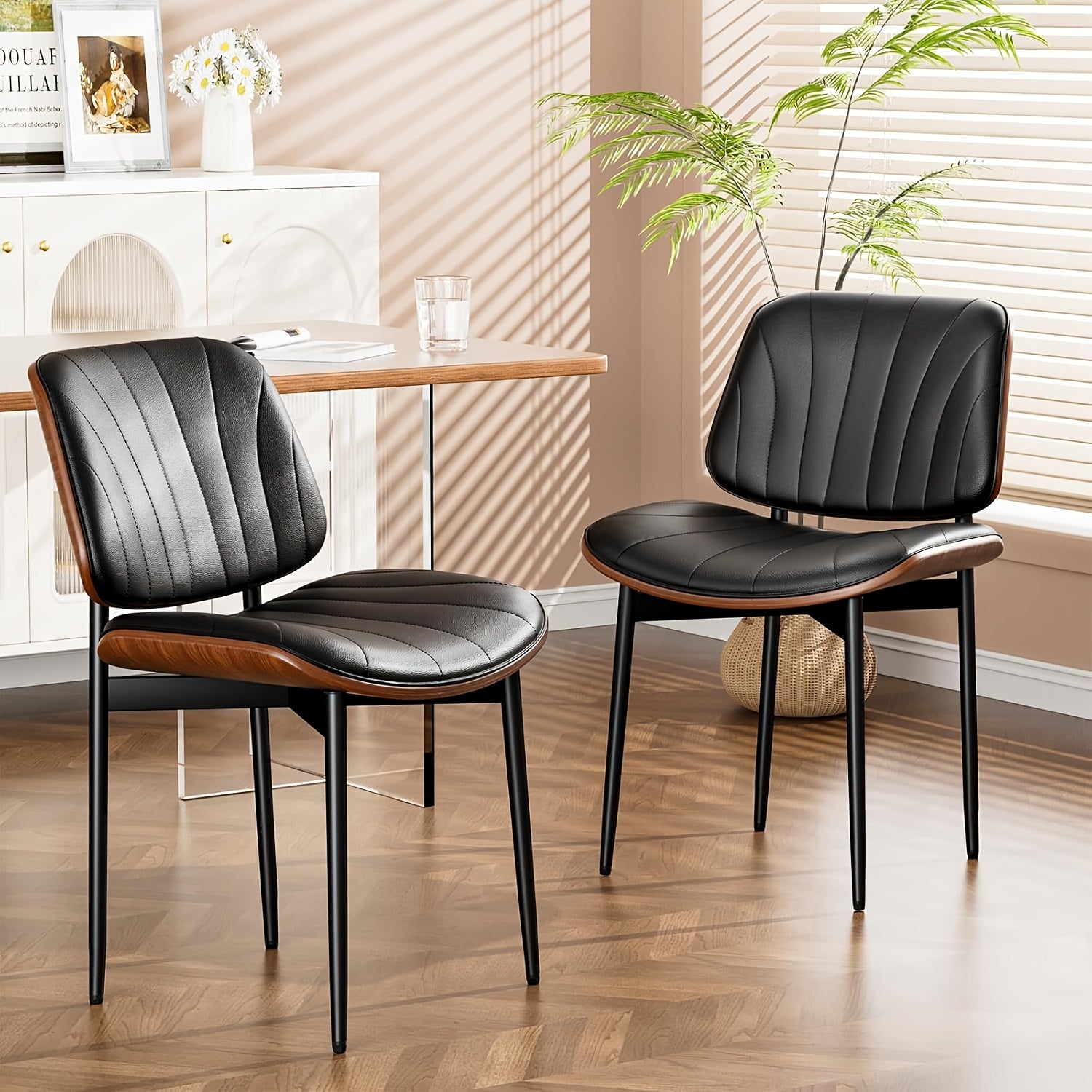 TEMU Set Of 2 Modern Leather Dining Chairs, Padded Seat & Backrest, Metal Legs With Adjustable Feet, For Kitchen, Dining Room, Office, Furniture For