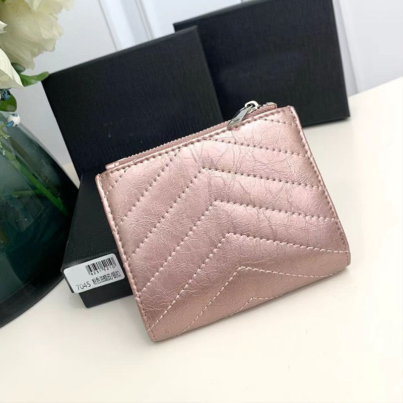 Designer Card Holders Mini Short Wallets Pearl Pink Calf Leather Coin Purses with Zipper Pocket Bag Key Case