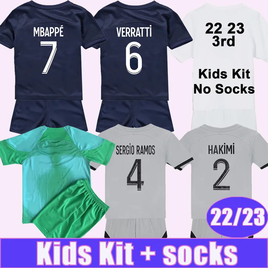 22 23 MBAPPE Kids Kit Soccer Jerseys KIMPEMBE SERGIO RAMOS Home Away 3rd Goalkeeper Football Shirts VERRATTI DRAXLER ICARDI Child Uniforms