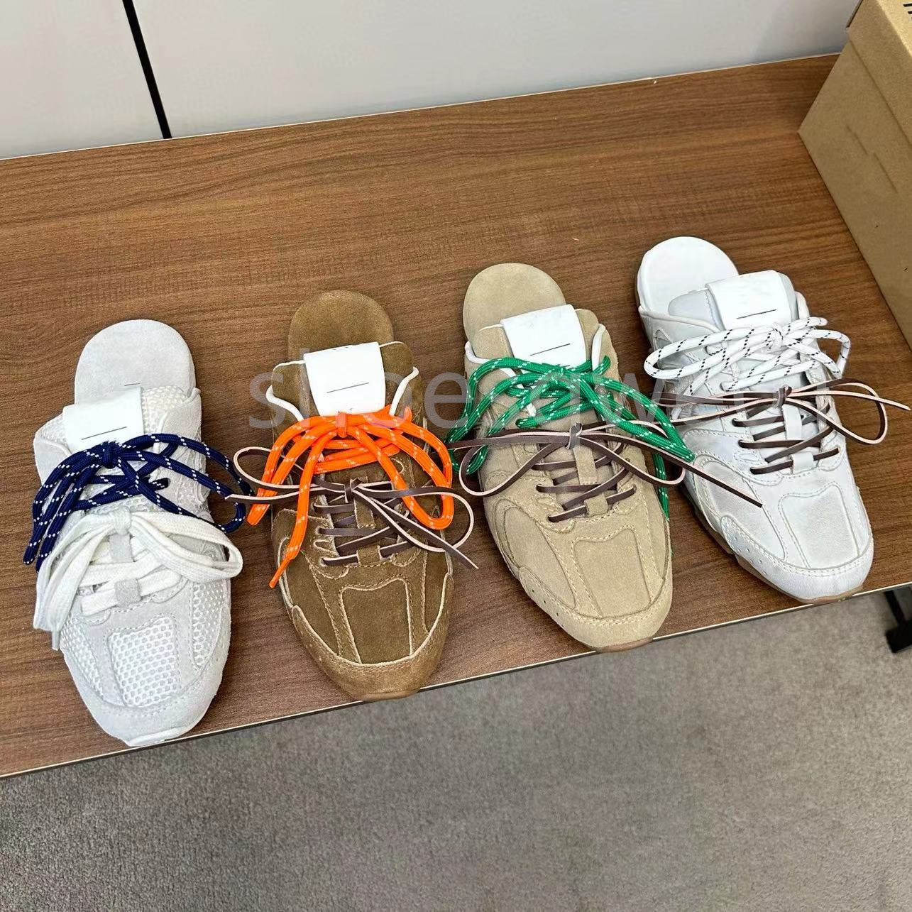 Top quality brown Nubuck Leather Lace-up Casual mules shoes Flat Slides slippers sandals Beach Flat shoes Luxury designer slides for womens Vacation