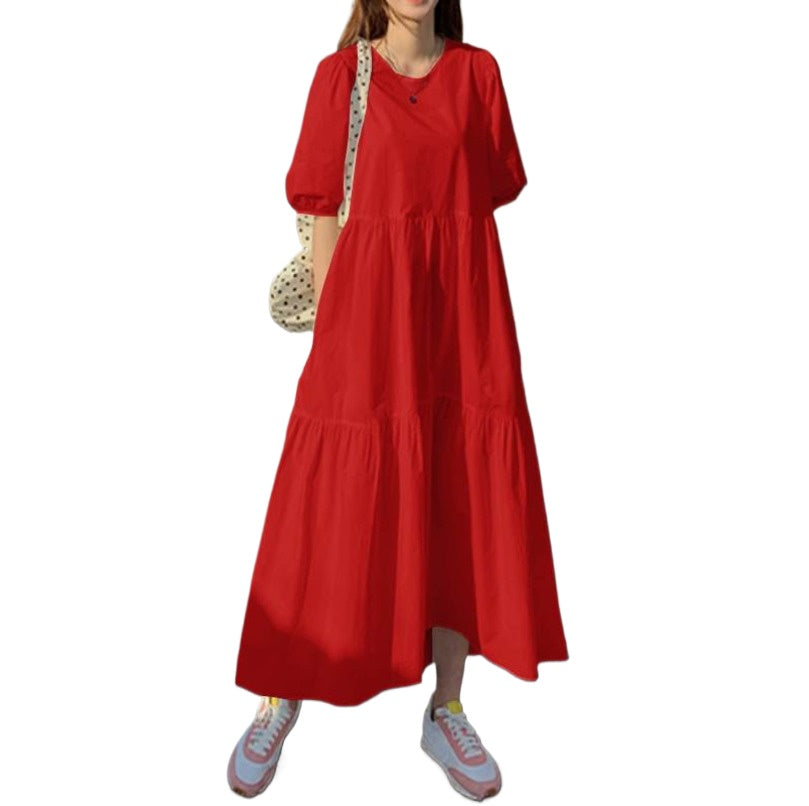 (927) New Fashionable Loose Solid Color Puff Sleeve Swing Long Dress