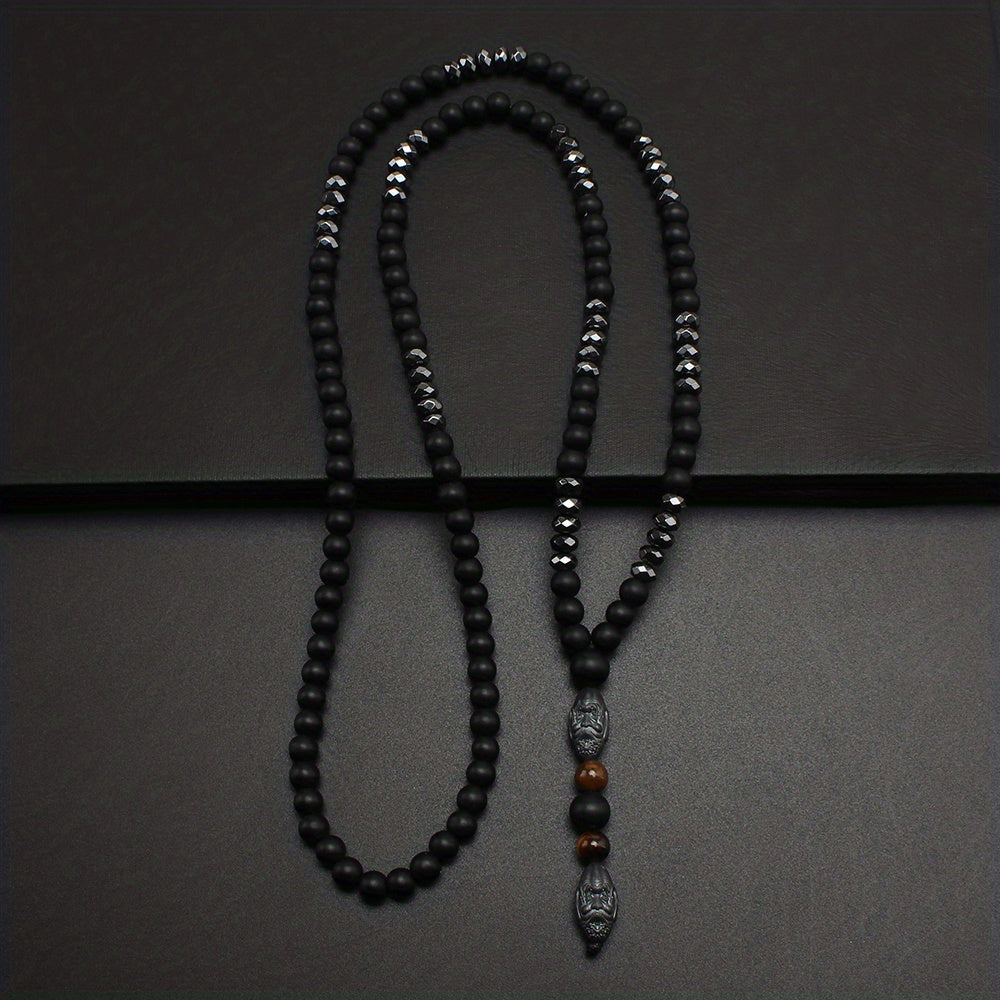 TEMU Men's Fashion 6mm Matte Necklace With Tiger Eye & Black Agate Pendant, Glass Y-necklace For Elderly, No Magnetic, Jewelry