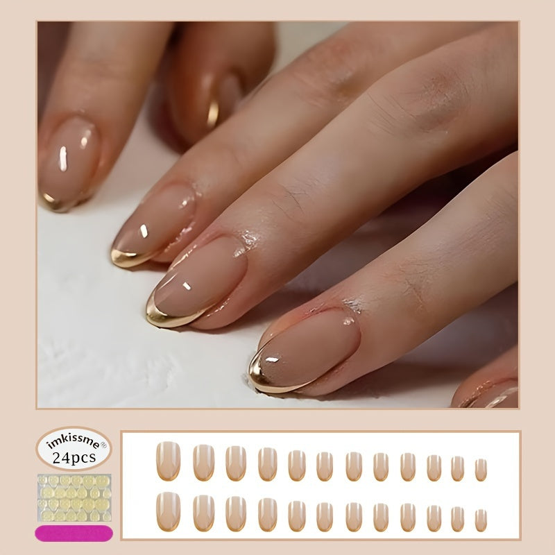 TEMU French Tip Oval Nail Forms, Middle Length, Nude & Golden Gradient, Glossy Finish, Press-on Wearable False Nails