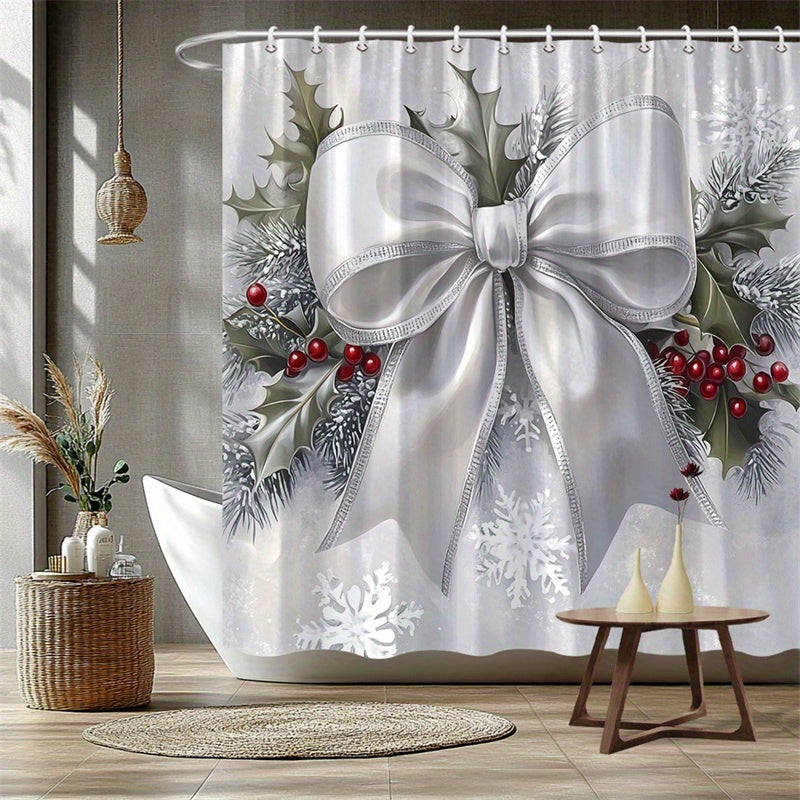 TEMU 1pc Elegant White Satin Bow Shower Curtain With Holly Leaves, Red Berries & Snowflakes - Muted Gray Sparkly Design, Machine Washable Polyester,