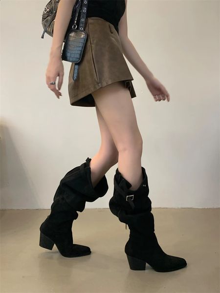 Ippeum Cowboy Boots Knee Boots High Women Women Be Wide 2024 Moda Black Western Cowgirl Shoes 241127
