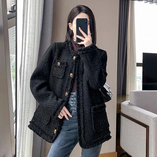 Lucyever Temperament Tweed Black Jacket Women Elegant Thicken Single Breasted Outerwear Ladies Korean with Pocket Office Coat 240812