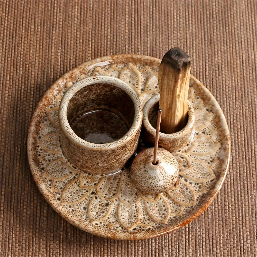 TEMU Brown Ceramic Stand For Sage, Palo Sticks, Candles, And Ash Tray - " With Detailed Design, Meditation And Home, Deco