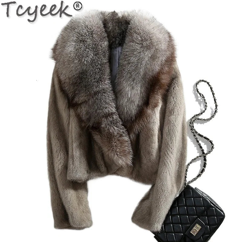 Tcyeek natural mink coat womens fur leather jacket full mink winter womens short real fur coat warm fox fur collar 241202