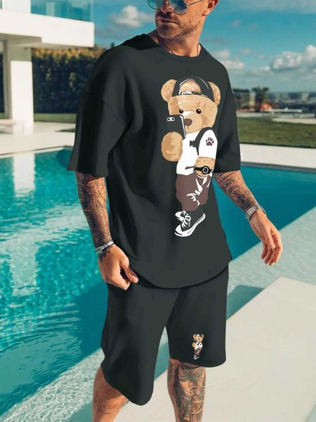 Men&#039;s Tracksuits 3D Cartoon Teddy Bear Printed Mens T-shirt Set Summer Casual Daily Mens Short Sleep Outdoor Street Mens Shorts S2527
