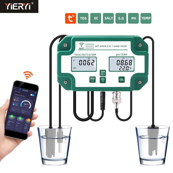 PH Meters Digital WiFi PH EC TDS SALT SG.Temp Meter Water Quality Tester 6-in-1 Multifunction Smart Monitor Tuya APP Control US-EU-UK Plug 2
