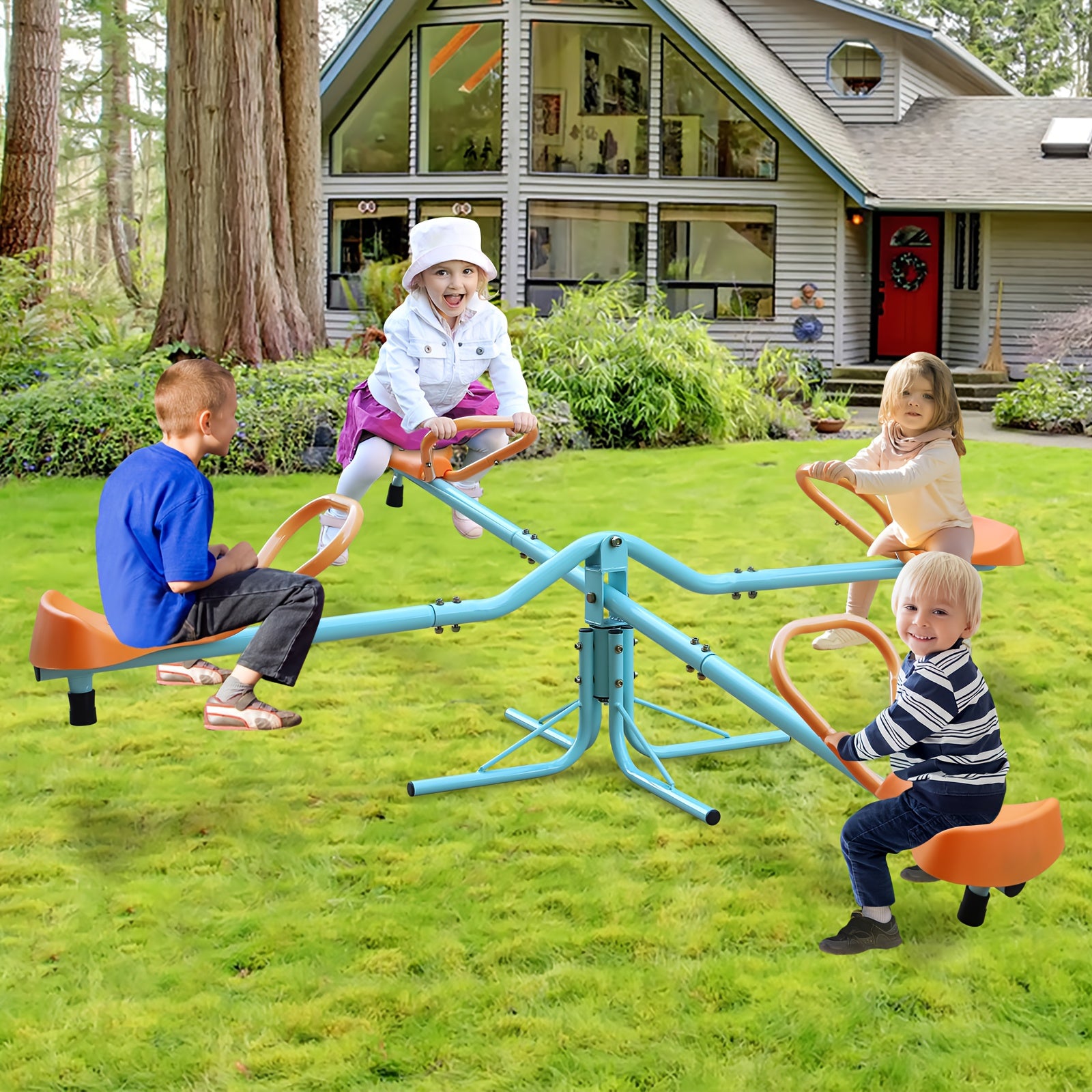 TEMU Children's With Assembly Tools, 4-seater 360-degree Rotating Swing Car, Metal Playground And Backyard Rocker