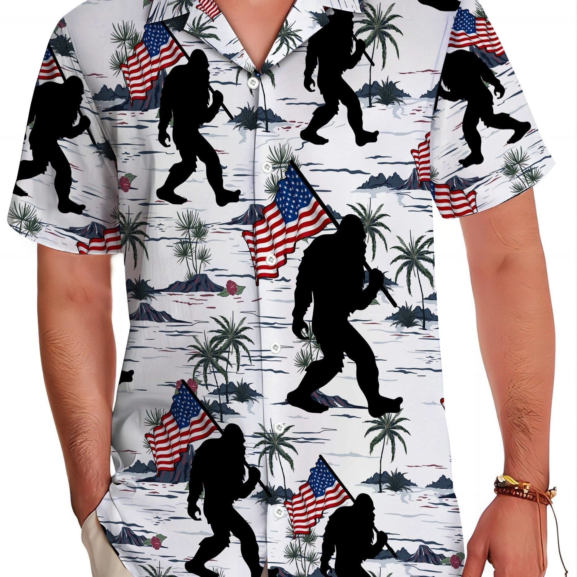 TEMU Men's Sasquatch Hawaiian Shirt - 3d Printed Lapel Collar Short Sleeve Button-up With Flag & Design, Machine Washable Summer Beachwear For Themed