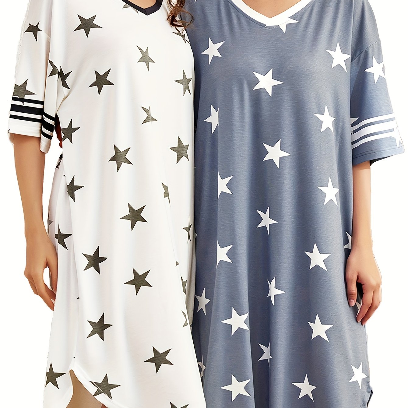TEMU 2-pack Women Nightgowns Sleepwear Loose Short Sleeve Nightdress V Neck Print Comfy Nightshirt