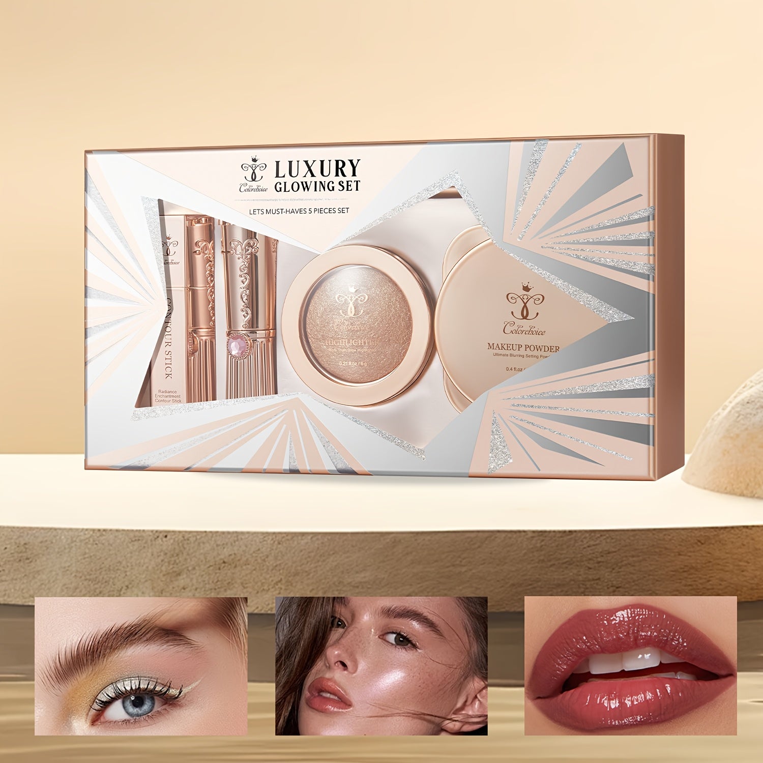 TEMU Makeup Five-piece Set: Lip Gloss, Eyebrow Pencil, Shading Pen, Face Powder, Lip Liner-perfect Makeup Essential-suitable For Beginners And