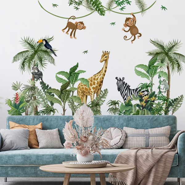 Large Size Jungle Animal Plam Wall Decor Sticker For Kids Room Bedroom Selfadhehesive Wallpaper Mural Giraff Zebra Monkey Decal 241121