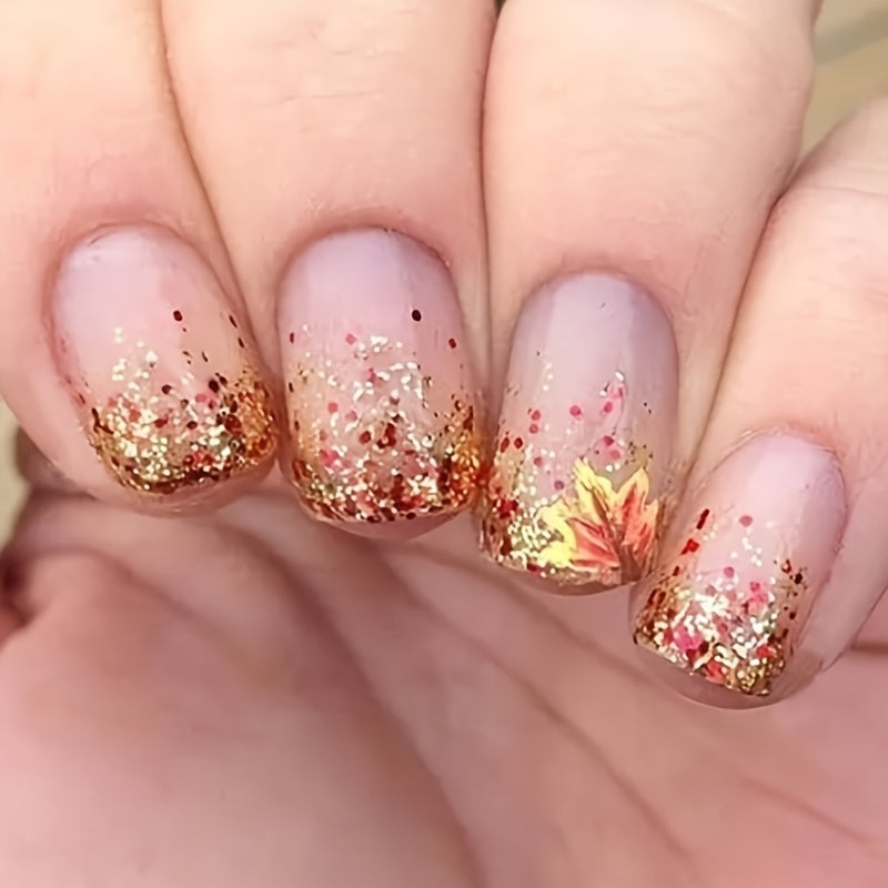 TEMU 24pcs Leaf Autumn Glitter Press-on Nails, With Maple Leaf Pattern And Glitter Design, Glossy Short False Nail Set, Reusable Manicure, Removable