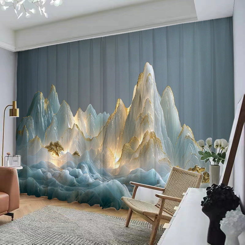 YL-37043 Chinese style ink landscape painting, new Chinese style curtains, new mesh curtains, classical and simple living room window curtain