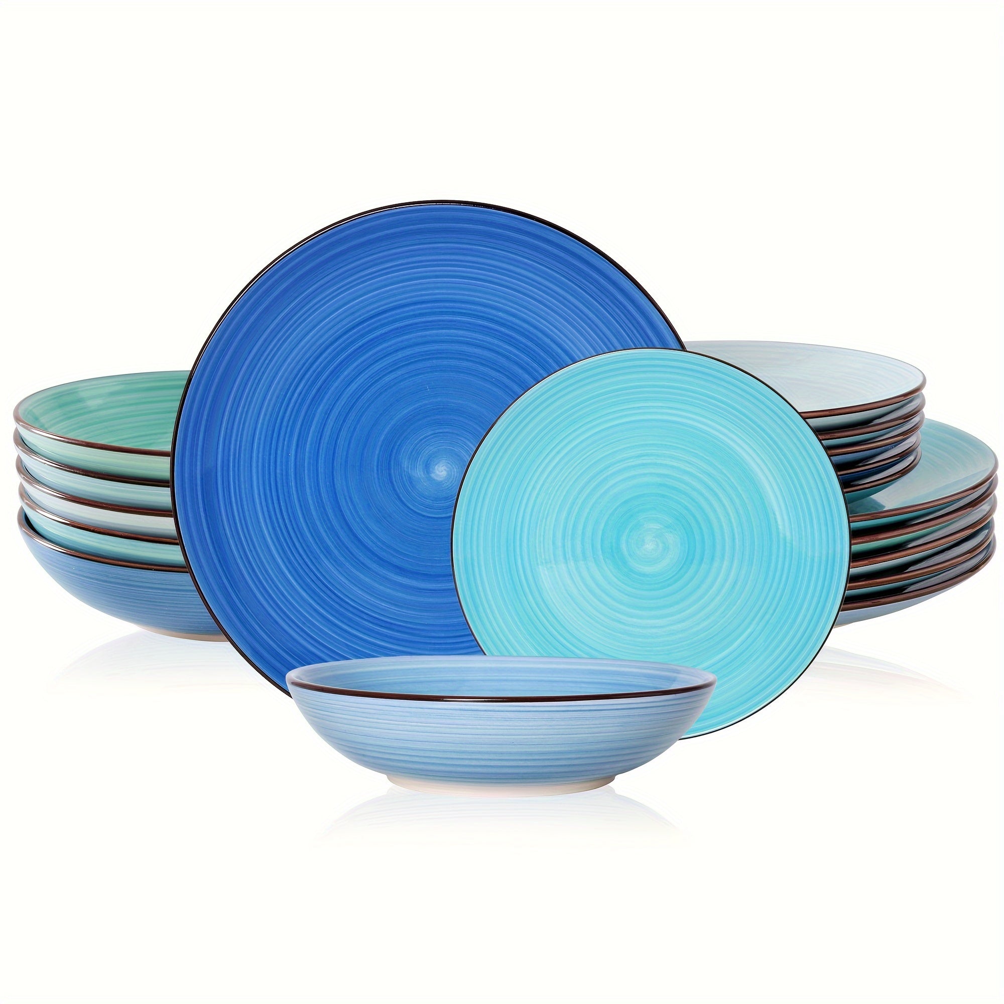TEMU 18pcs-6pcs Multicolor Handpainted Spiral Ceramic Dinnerware Set - Includes 10.5" Dinner Plates, 7.5" Dessert Plates & 27.5oz Soup Bowls - ,