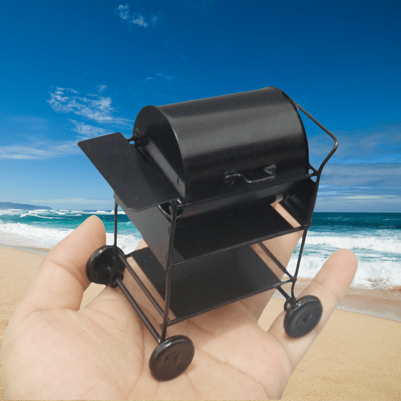 TEMU 1:12 Scale Outdoor Grill With Wheels - Realistic Bbq Grill With Burger, Heavy-duty Black Frame & Green Cooking Surface, Dollhouse Kitchen
