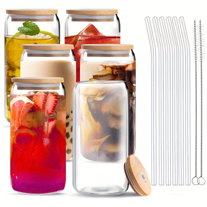 TEMU 6pcs, 18oz-550ml, With Bamboo Lid, Straw And Straw Brush, Glass Cup In Can Shape, Transparent Can, Suitable For Beverage, Juice, Milk, Tea Cups,